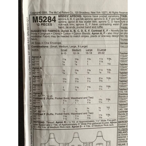 McCall's Misses Aprons Sewing Pattern M5284 - cut - Picture 6 of 9
